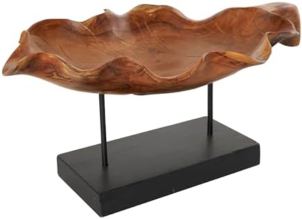 Deco 79 Teak Leaf Sculpture with Black Stand 21 x 11 x 10