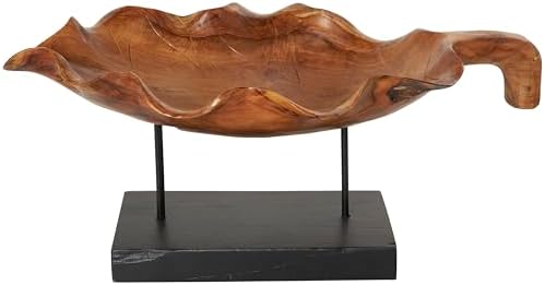 Deco 79 Teak Leaf Sculpture with Black Stand 21 x 11 x 10