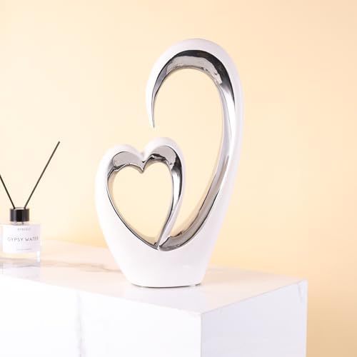 OliRium Silver White Heart Sculpture - Double Heart Couple Decor Statue