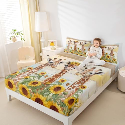 Castle Fairy Cartoon Giraffe Fitted Sheet Set Twin Size Yellow Sunflower