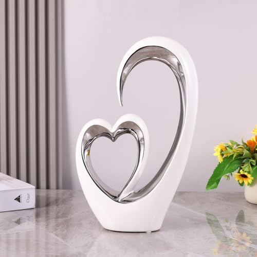 OliRium Silver White Heart Sculpture - Double Heart Couple Decor Statue