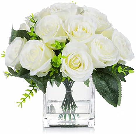 ENOVA FLORAL 18 Heads Cream Artificial Flowers in Cube Vase