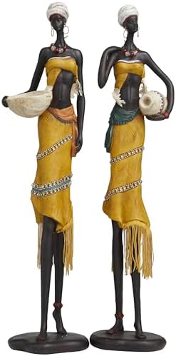 Deco 79 Yellow Polystone African Woman Sculptures Set of 2