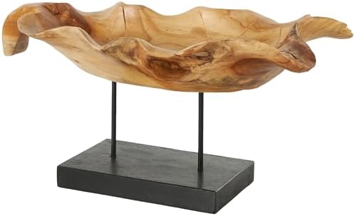 Deco 79 Teak Leaf Sculpture with Black Stand 21 x 11 x 10