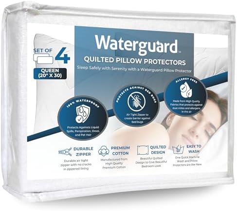 Waterguard Quilted Pillow Protector - Waterproof Bed Bug Proof Queen Size