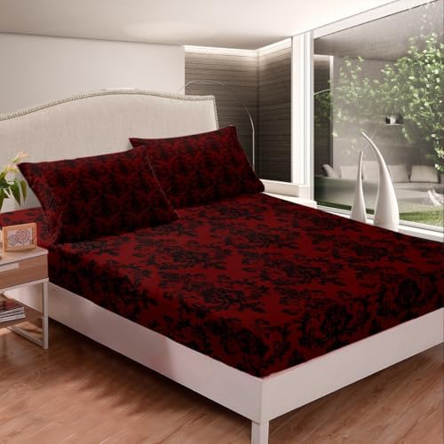 Castle Fairy Red Black Damask Twin Sheet Set with Pillowcase