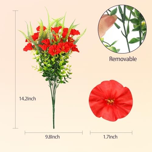 HIAGROW 12 Bundle Red Artificial Flowers with Fern