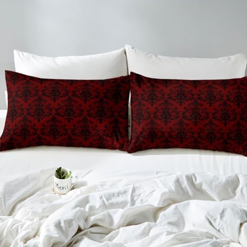 Castle Fairy Red Black Damask Twin Sheet Set with Pillowcase
