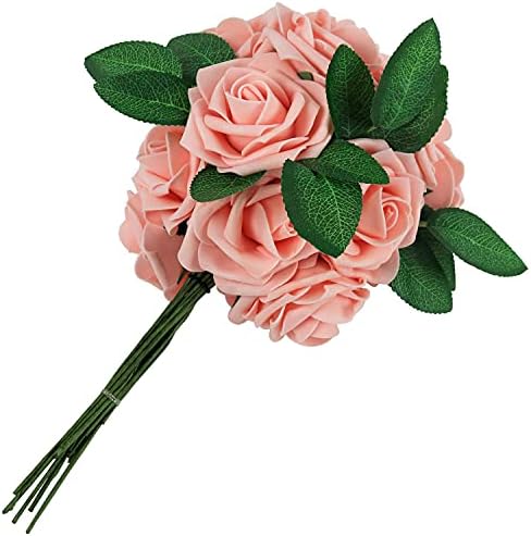 Greenco 25 Artificial Pink Roses with Leaves for Weddings and Parties