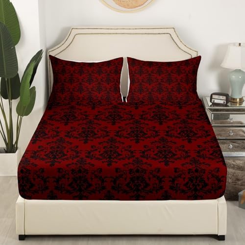 Castle Fairy Red Black Damask Twin Sheet Set with Pillowcase