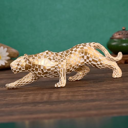 Gold Finish Cubist Cheetah Sculpture - Abstract Leopard Resin Art Statue 1