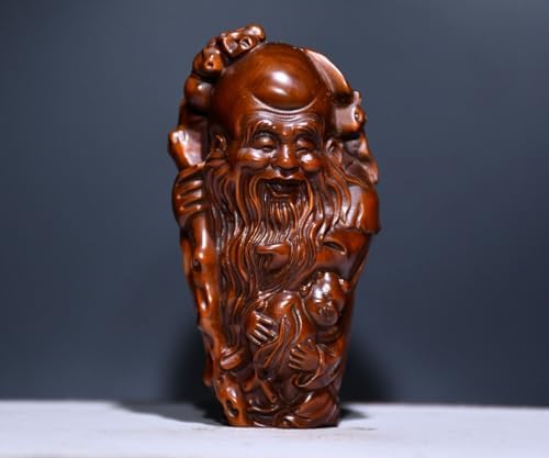 LimpaC Boxwood Longevity God Statue Handmade Meditating Sculpture