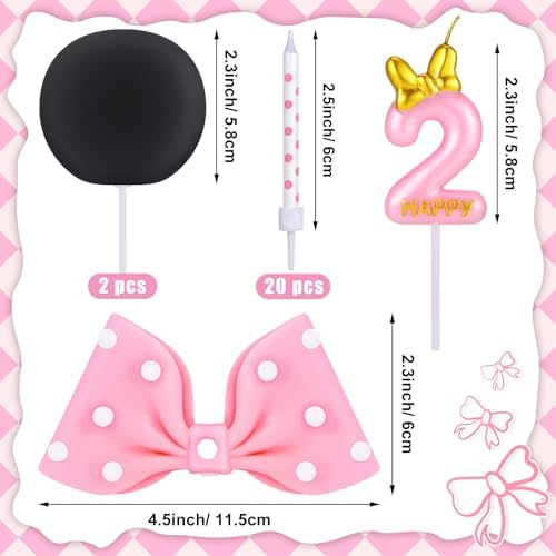 Cute Mouse Cake Candles Pink Bow and Ears Decor