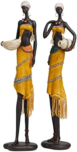 Deco 79 Yellow Polystone African Woman Sculptures Set of 2