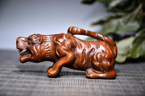 Handcrafted Boxwood Crouch Tiger Statue for Home Decor