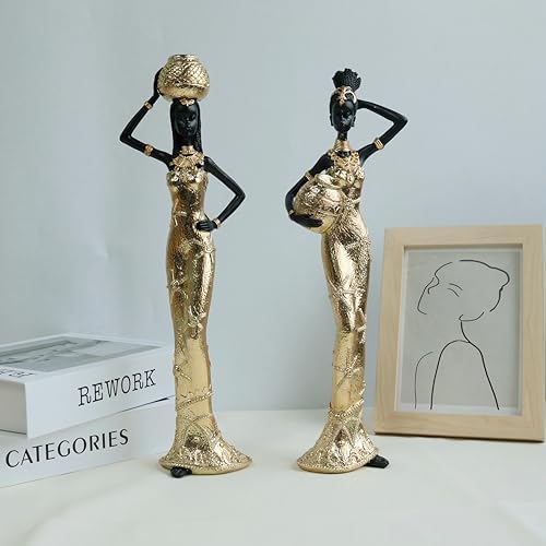 Set of 2 Resin African Women Statues with Gold Pots