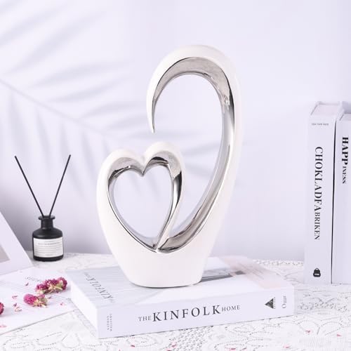 OliRium Silver White Heart Sculpture - Double Heart Couple Decor Statue