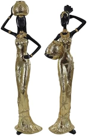 Set of 2 Resin African Women Statues with Gold Pots