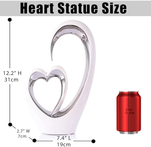 OliRium Silver White Heart Sculpture - Double Heart Couple Decor Statue