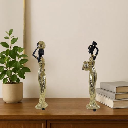 Set of 2 Resin African Women Statues with Gold Pots