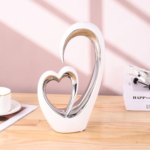 OliRium Silver White Heart Sculpture - Double Heart Couple Decor Statue