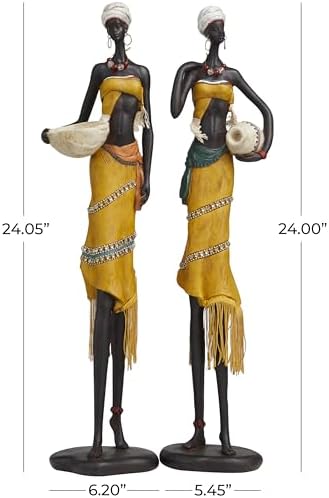 Deco 79 Yellow Polystone African Woman Sculptures Set of 2