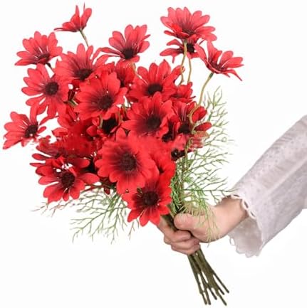 15 Bundles Artificial Red Daisy Flowers UV Resistant
