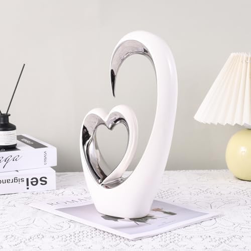 OliRium Silver White Heart Sculpture - Double Heart Couple Decor Statue