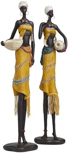 Deco 79 Yellow Polystone African Woman Sculptures Set of 2