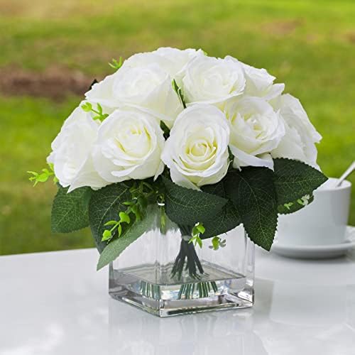 ENOVA FLORAL 18 Heads Cream Artificial Flowers in Cube Vase