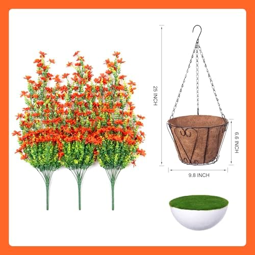 INXUGAO Artificial Hanging Flower Basket with Faux Silk Bougainvillea and Eucalyptus Leaves Orange