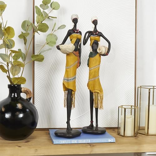 Deco 79 Yellow Polystone African Woman Sculptures Set of 2
