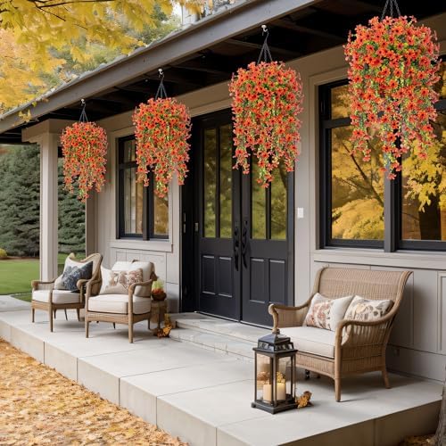 INXUGAO Artificial Hanging Flower Basket with Faux Silk Bougainvillea and Eucalyptus Leaves Orange