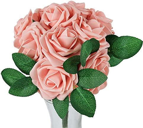 Greenco 25 Artificial Pink Roses with Leaves for Weddings and Parties