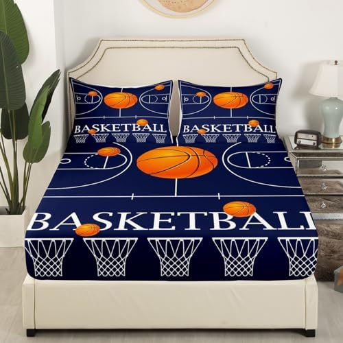 Castle Fairy Basketball Fitted Sheet Twin Size Navy Blue
