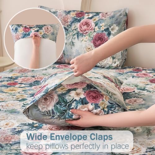 Huborise 100 Cotton Blue Floral Pillow Cases Set of 2 1929