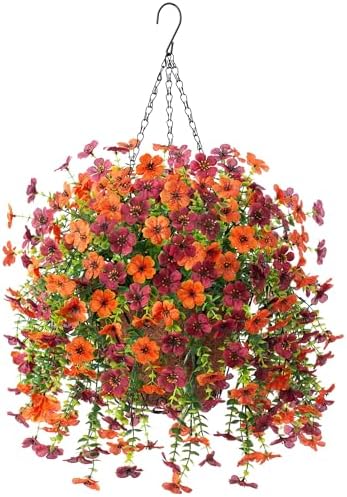 Ammyoo Artificial Hanging Flowers Basket with Faux Silk Daisies Yellow Brown