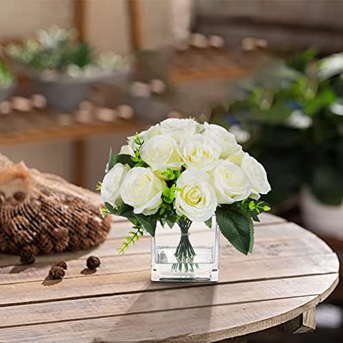 ENOVA FLORAL 18 Heads Cream Artificial Flowers in Cube Vase