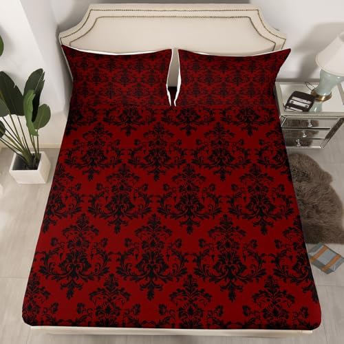 Castle Fairy Red Black Damask Twin Sheet Set with Pillowcase