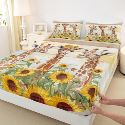 Castle Fairy Cartoon Giraffe Fitted Sheet Set Twin Size Yellow Sunflower