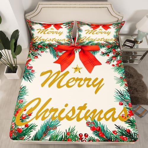 Homewish Merry Christmas Fitted Sheet Twin Size with Pillowcase