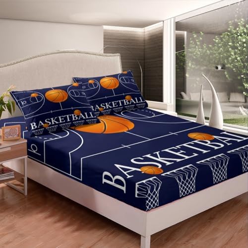 Castle Fairy Basketball Fitted Sheet Twin Size Navy Blue