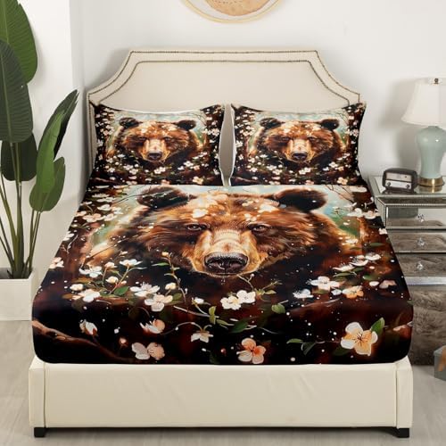 Homewish Bear Print Fitted Sheet Twin Size with Pillowcase