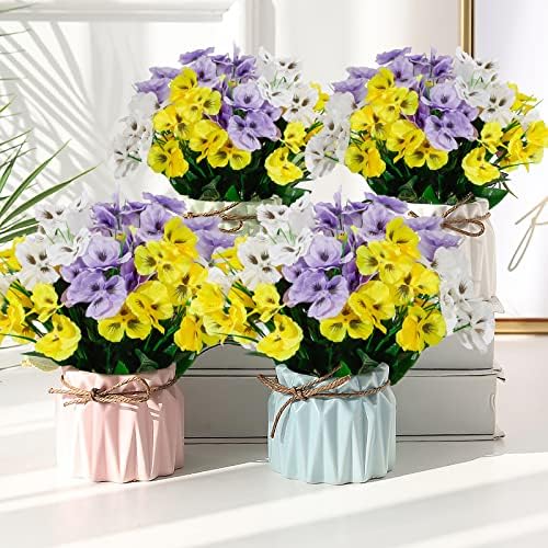 TOCHGREEN Artificial Pansies Set 6 Bundles UV Resistant Outdoor Flowers