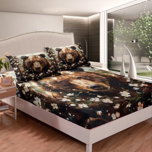 Homewish Bear Print Fitted Sheet Twin Size with Pillowcase
