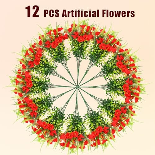 HIAGROW 12 Bundle Red Artificial Flowers with Fern