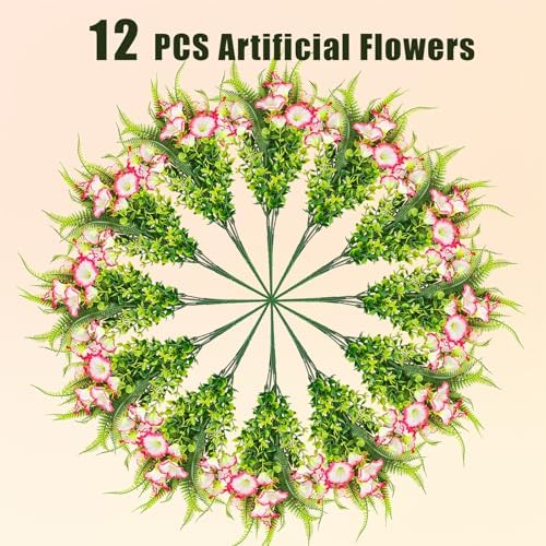 HIAGROW 12 Bundle Pink Artificial Flowers with Fern