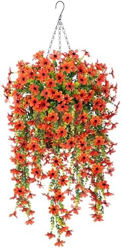 INXUGAO Artificial Hanging Flower Basket with Faux Silk Bougainvillea and Eucalyptus Leaves Orange