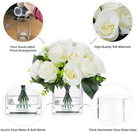 ENOVA FLORAL 18 Heads Cream Artificial Flowers in Cube Vase