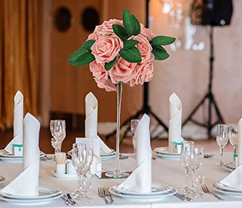 Greenco 25 Artificial Pink Roses with Leaves for Weddings and Parties